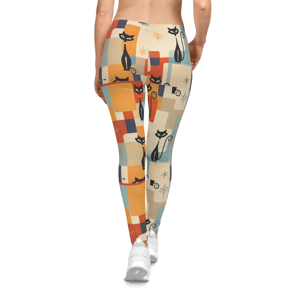 Retro Black Cat Leggings – Mid-Century Geometric Print