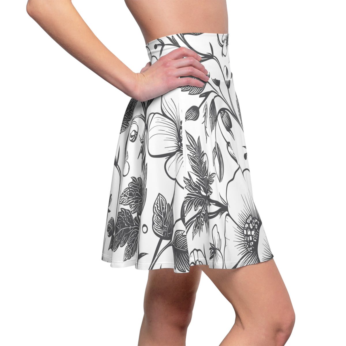 Black & White Floral Skater Skirt – Botanical Flower Design