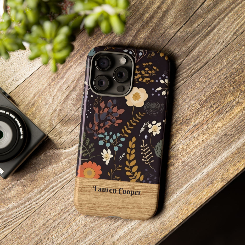 Personalized Dark Floral Phone Case with Name – Wood Accent Tough Case