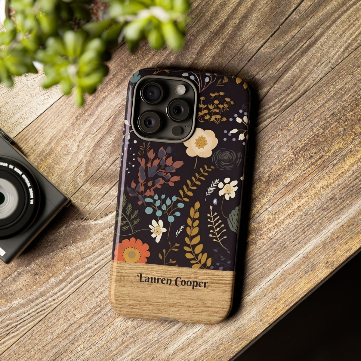 Personalized Dark Floral Phone Case with Name – Wood Accent Tough Case