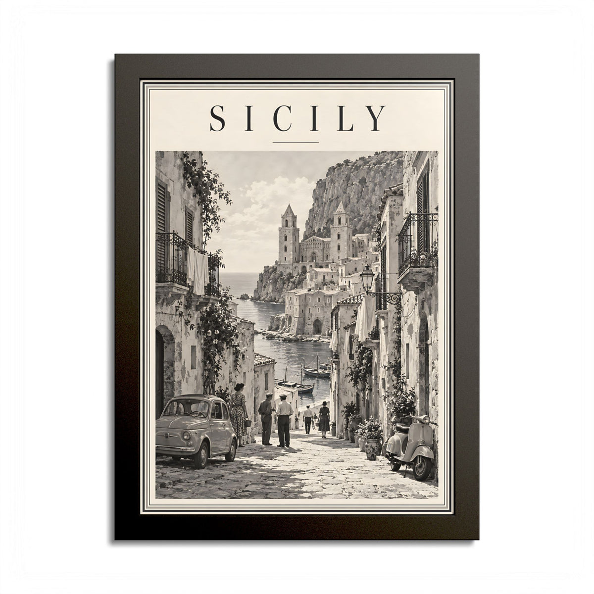 1950s Sicily Italy Framed Poster – Vintage Black & White Coastal Wall Art
