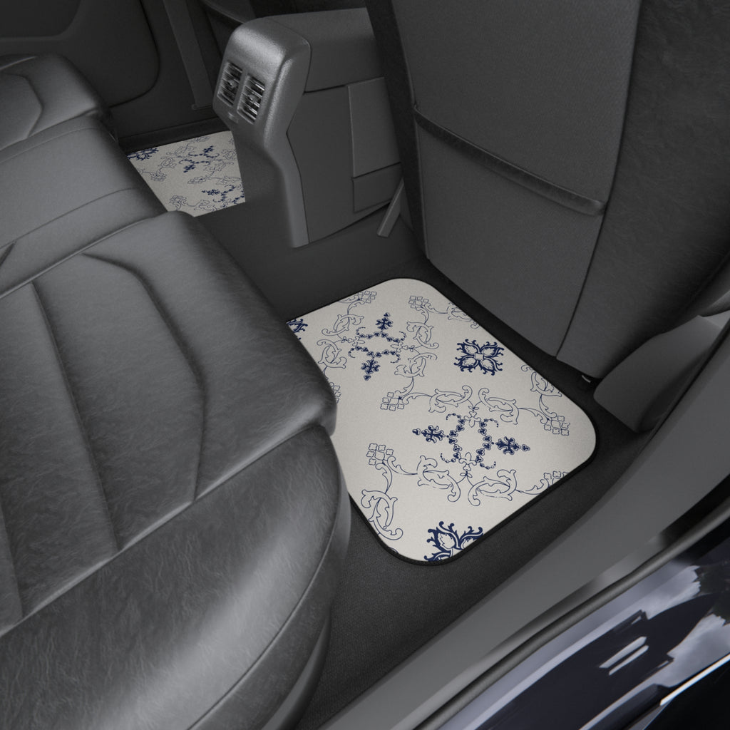 Blue & White Ornamental Car Floor Mats – 4-Piece Set