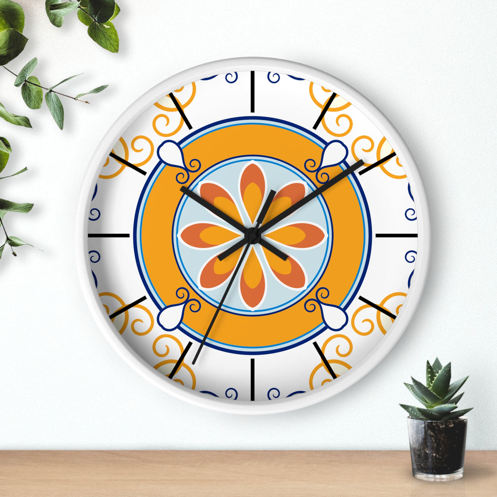Mediterranean Tile Mandala Wall Clock | Orange Blue Floral Pattern