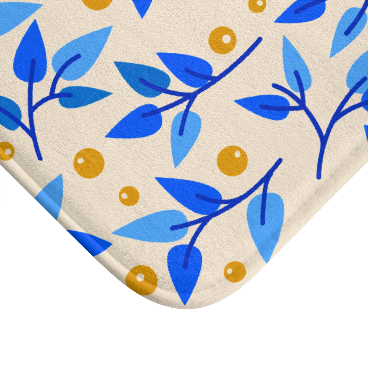 Blue Citrus Leaf Bath Mat – Blue & Yellow Botanical Bathroom Decor