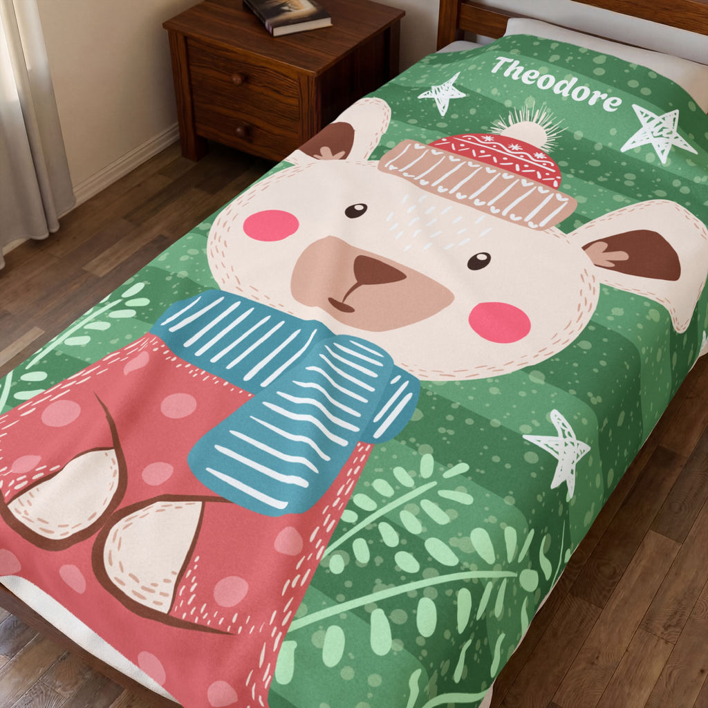 Personalized Baby Blanket with Name  Custom Nursery Plush Throw  Cute Winter Animal Kids Blanket  Baby Shower Gift