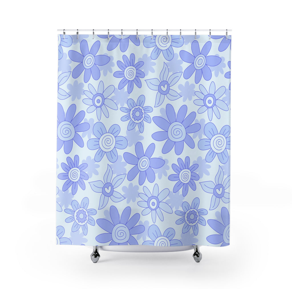 Blue Floral Shower Curtain | Retro Daisy Bathroom Decor | Soft Pastel Modern Bath Curtain