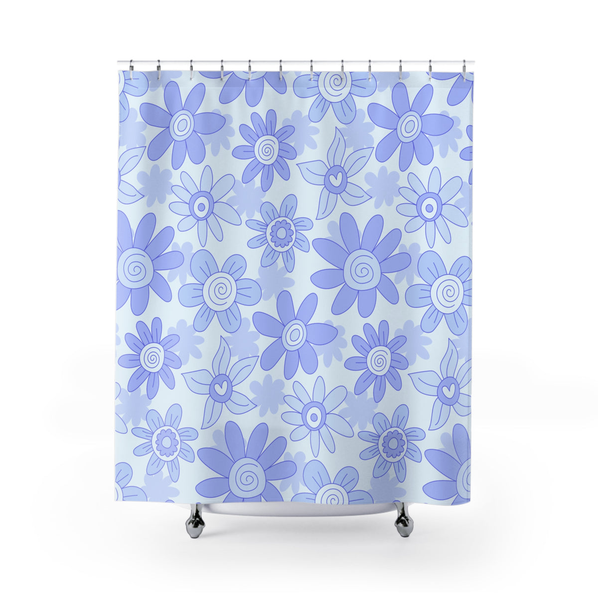 Blue Floral Shower Curtain | Retro Daisy Bathroom Decor | Soft Pastel Modern Bath Curtain