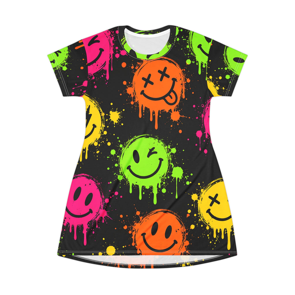 Neon Smiley T-Shirt Dress – Urban Graffiti Streetwear Print