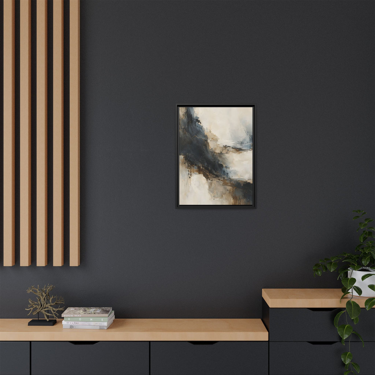 Neutral Abstract Framed Canvas – Black, Beige & Gold Modern Wall Art