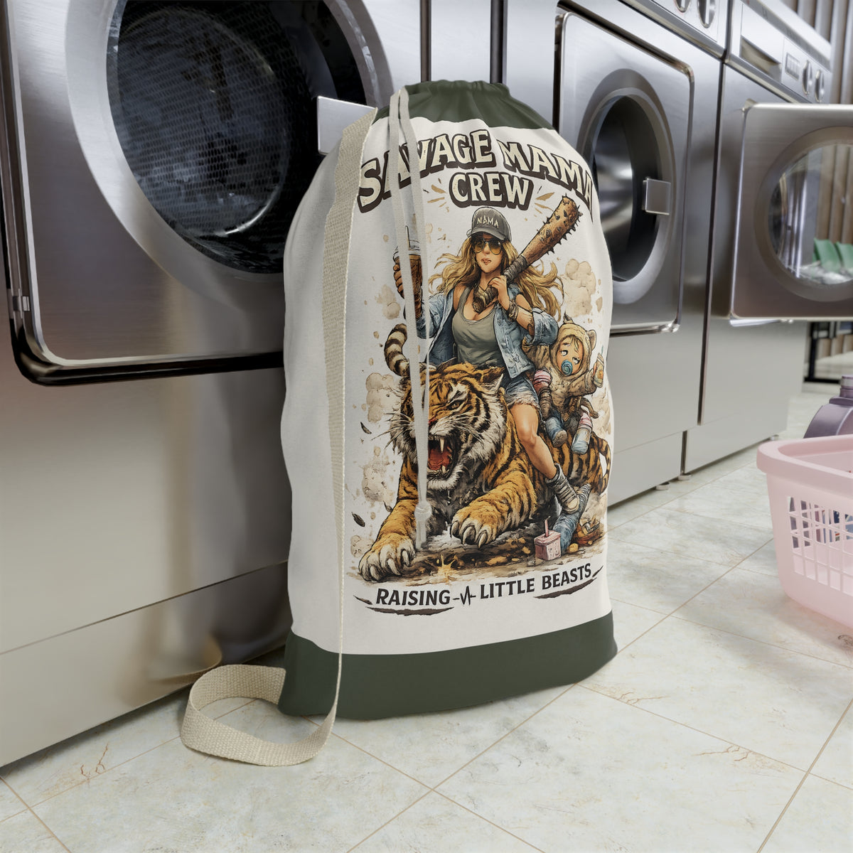 Savage Mama Crew Laundry Bag | Illustrated Mom and Kids, Tiger Rider
