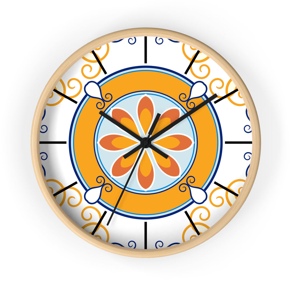 Mediterranean Tile Mandala Wall Clock | Orange Blue Floral Pattern