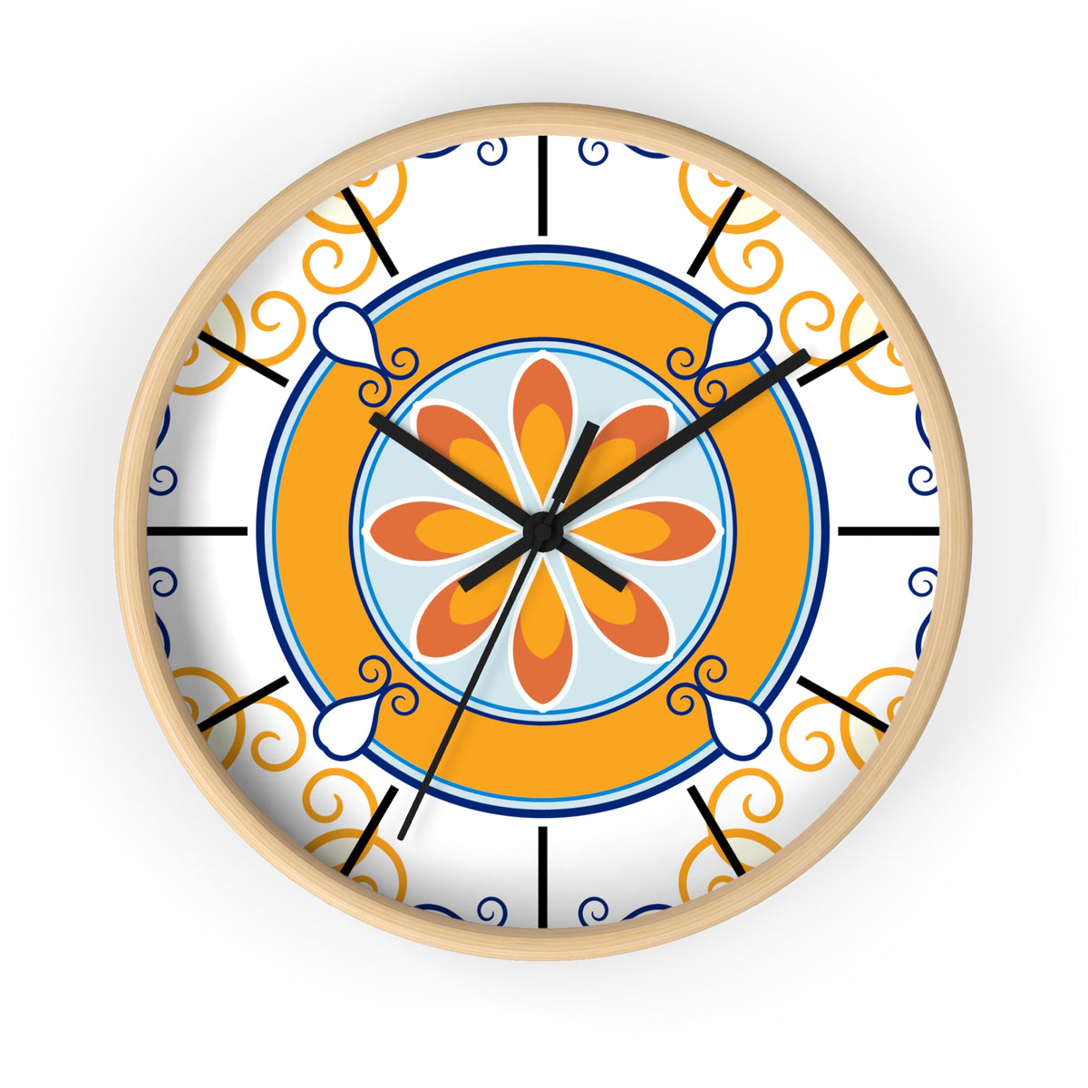 Mediterranean Tile Mandala Wall Clock | Orange Blue Floral Pattern