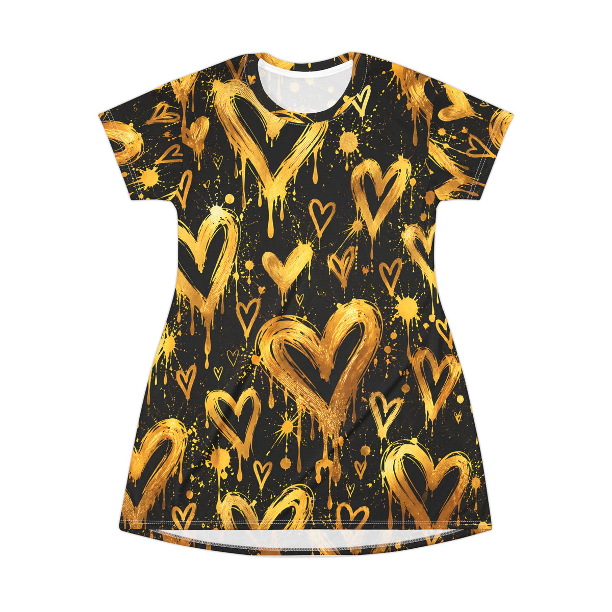 Gold Graffiti Heart T-Shirt Dress – Black & Gold Streetwear Print