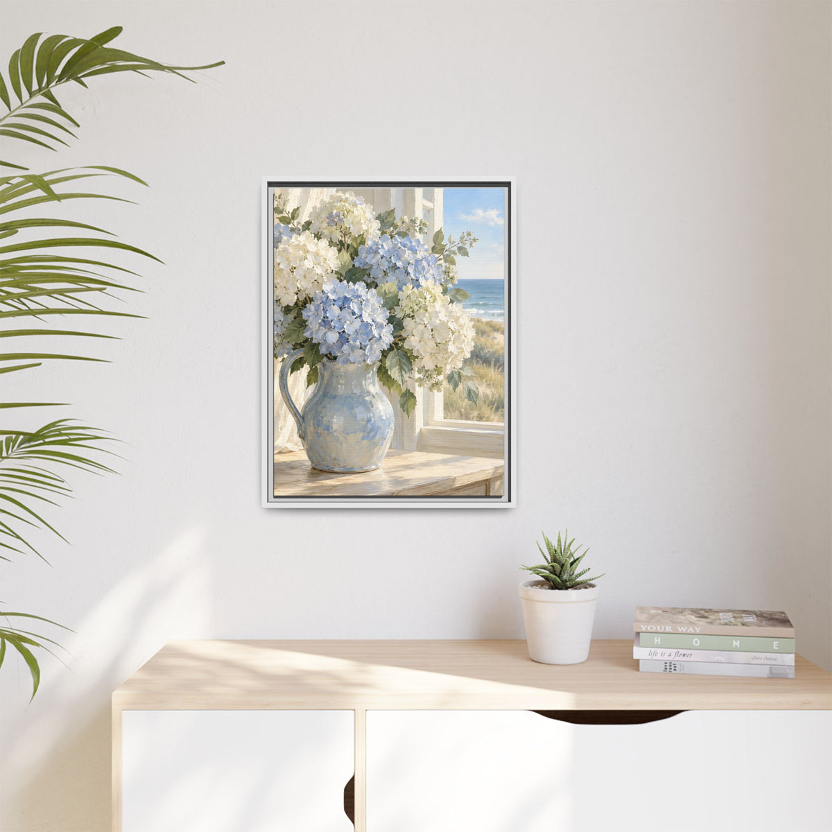 Coastal Hydrangeas Framed Canvas – Blue & White Floral Wall Art