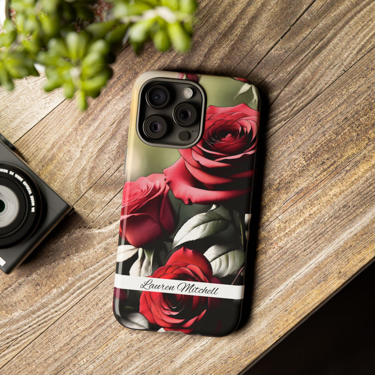 Personalized Red Rose Phone Case with Name – Floral Tough Case