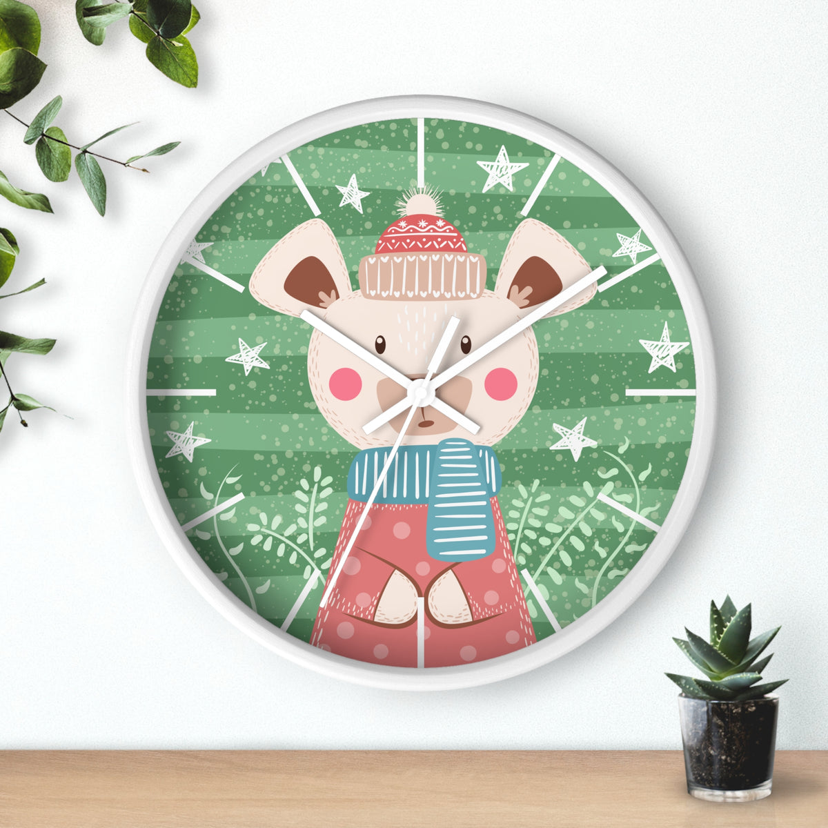 Cute Winter Bear Wall Clock | Holiday Nursery Clock, Green Snowflake Design