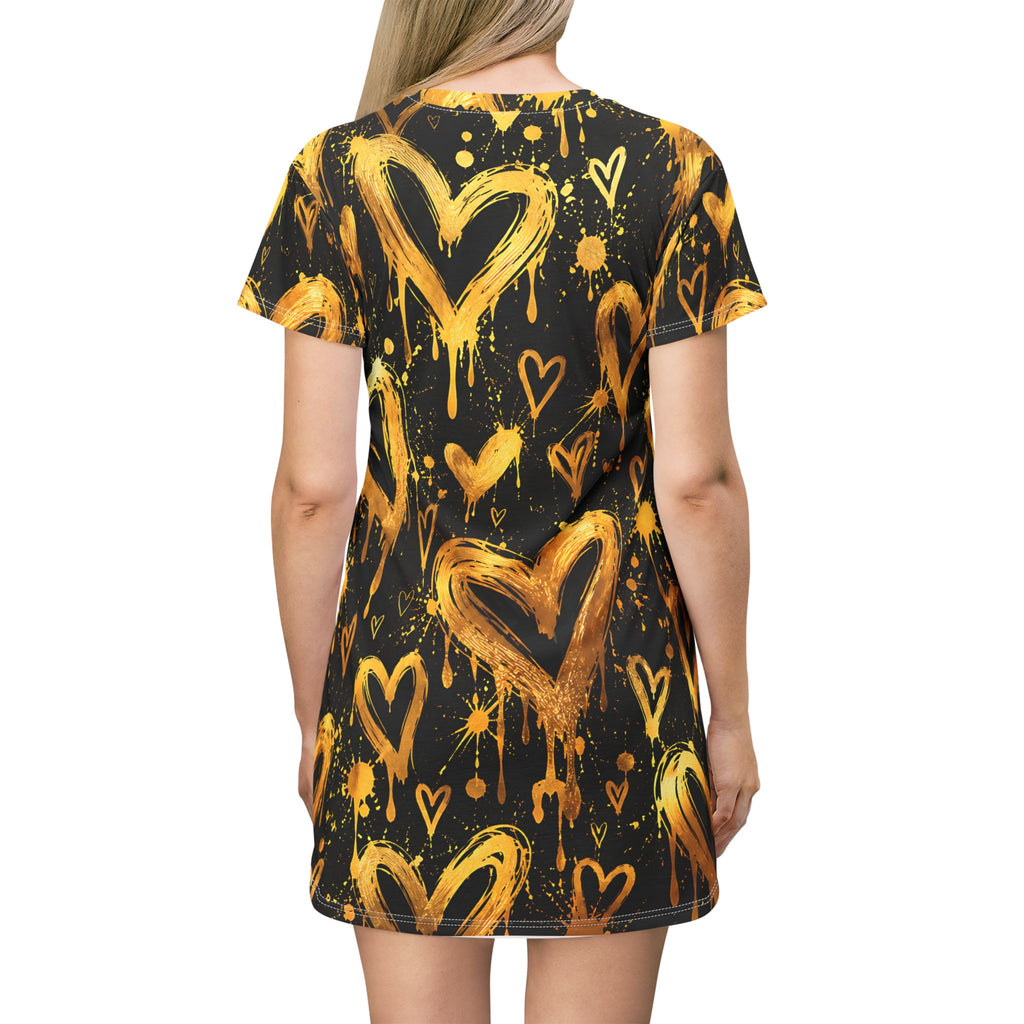 Gold Graffiti Heart T-Shirt Dress – Black & Gold Streetwear Print