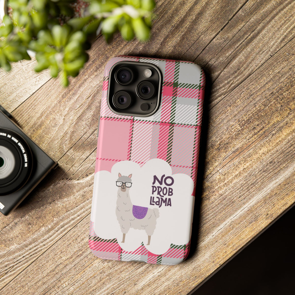 No Prob-Llama Phone Case – Pink Plaid Funny Llama Tough Case