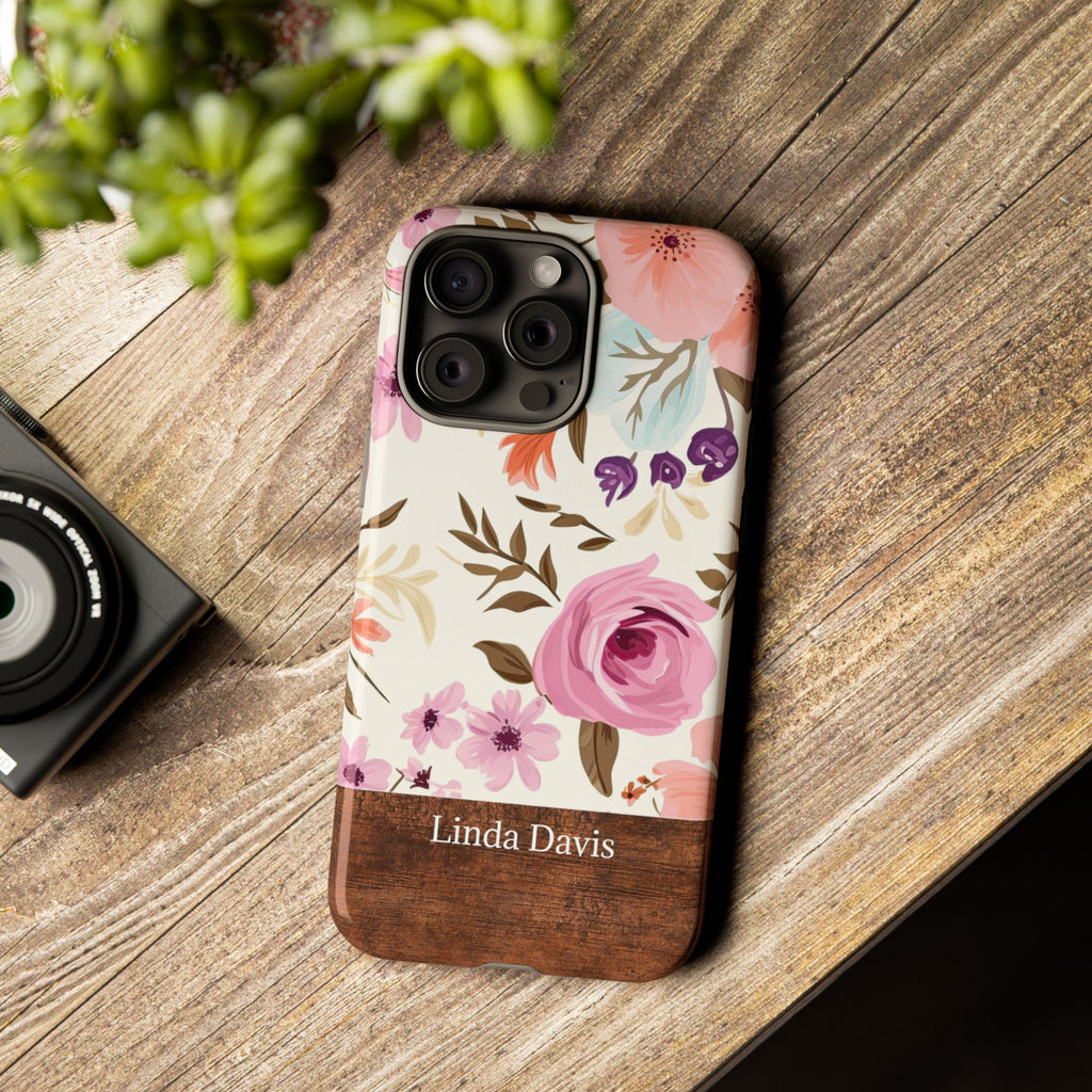 Personalized Floral Phone Case with Name – Pink Rose Wood Accent Tough Case
