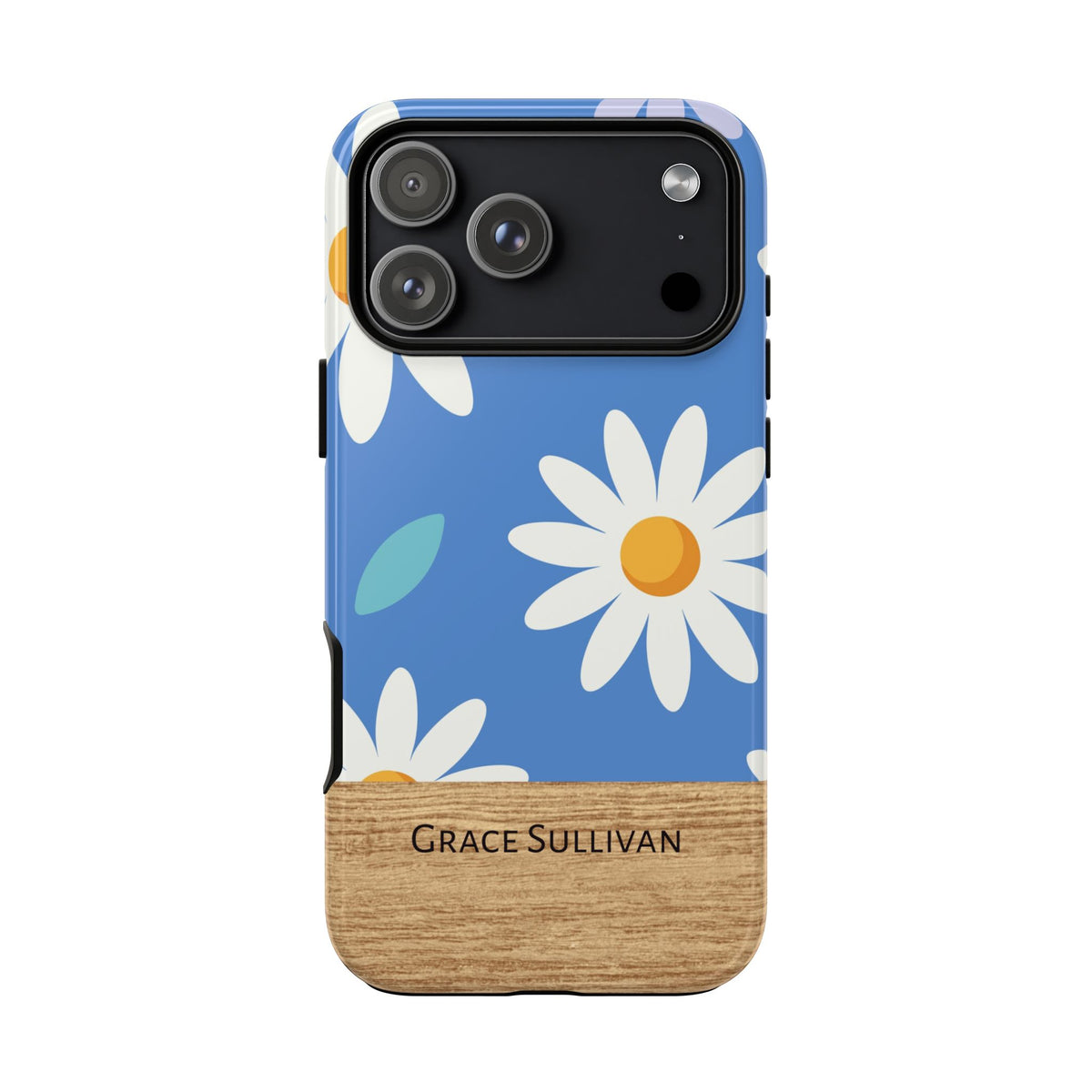 Personalized Daisy Phone Case with Name – Blue Floral Wood Accent Tough Case