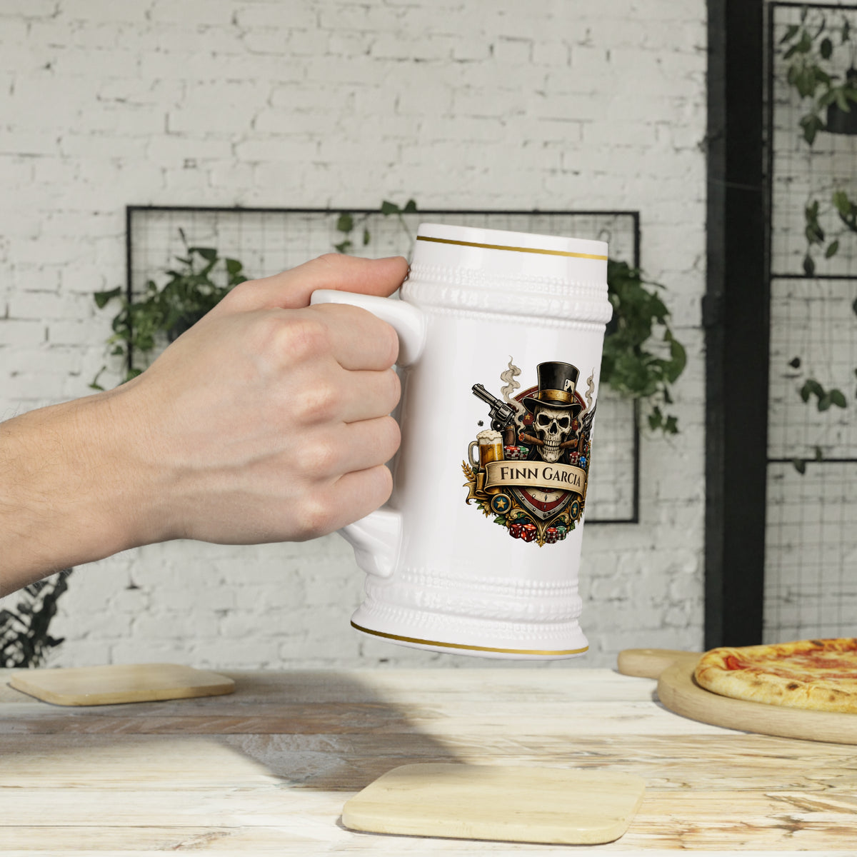 Personalized Skull Beer Stein 22oz - Custom Name Poker Mug, Gangster Style Beer Mug