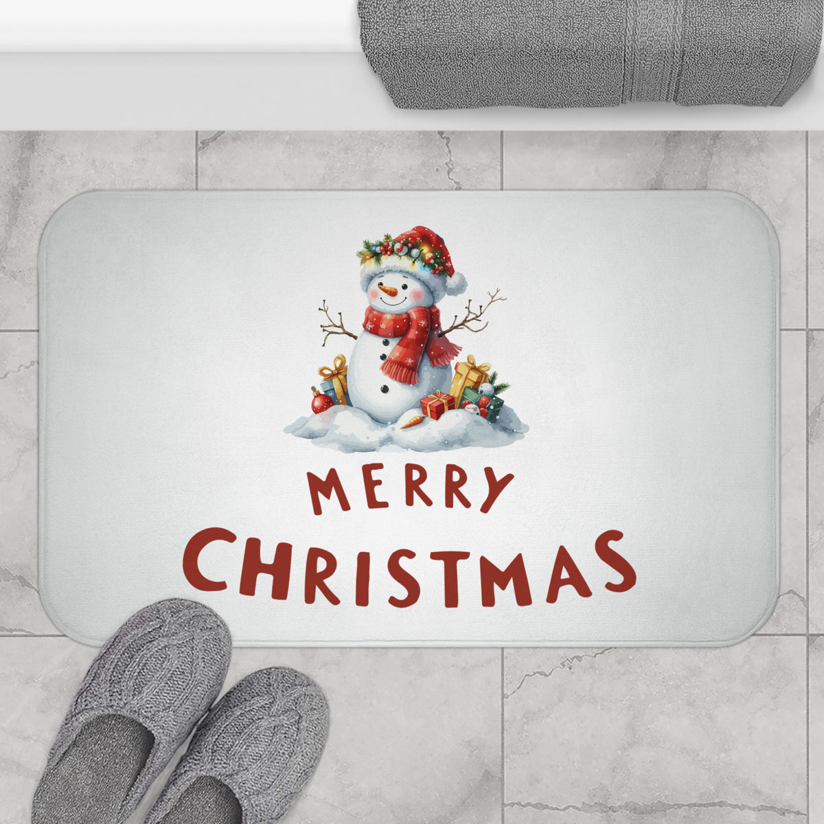 Merry Christmas Snowman Bath Mat – Holiday Bathroom Decor