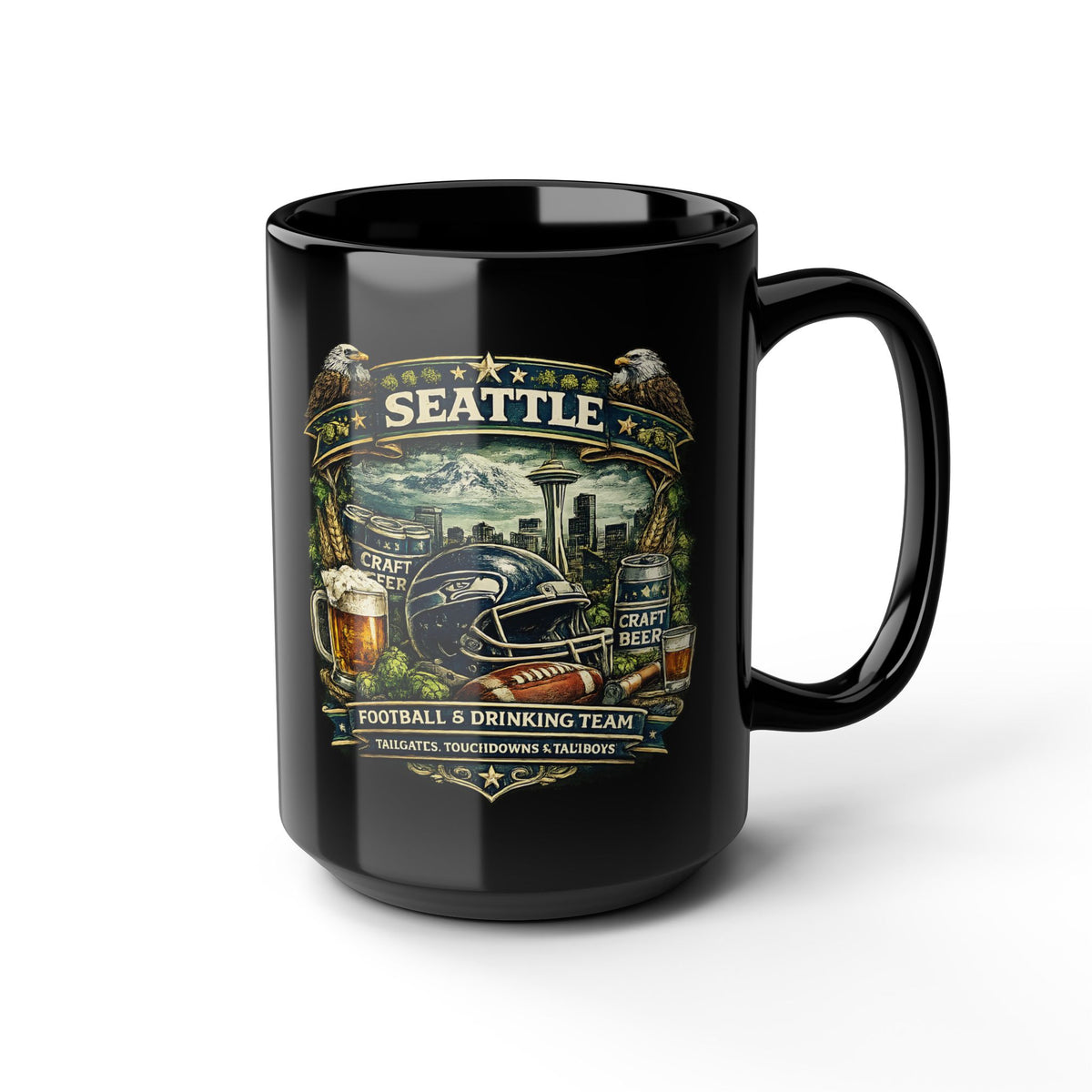 Seattle Football Mug for Men Black Coffee Cup for Beer Lovers, Tailgating & Game Day Sports Fan Gift