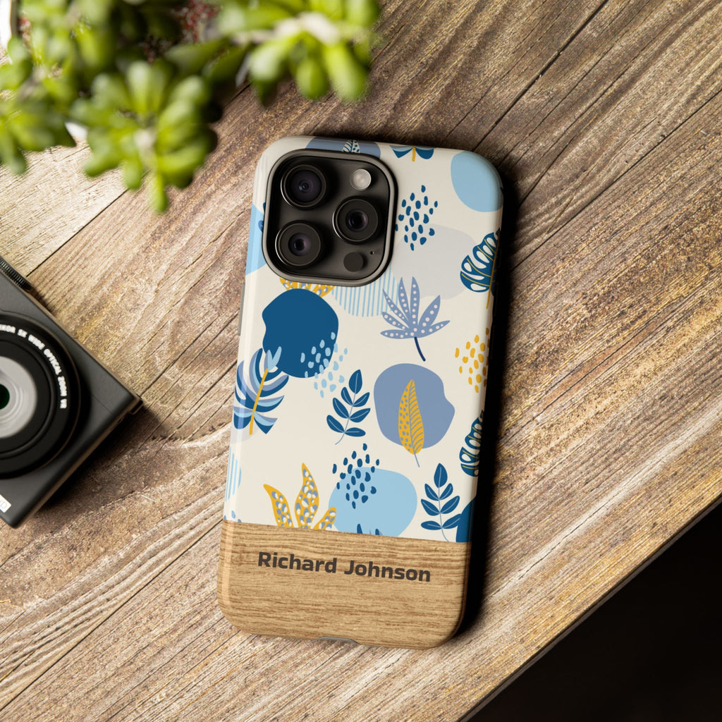 Personalized Botanical Phone Case with Name – Blue Floral Wood Accent Tough Case