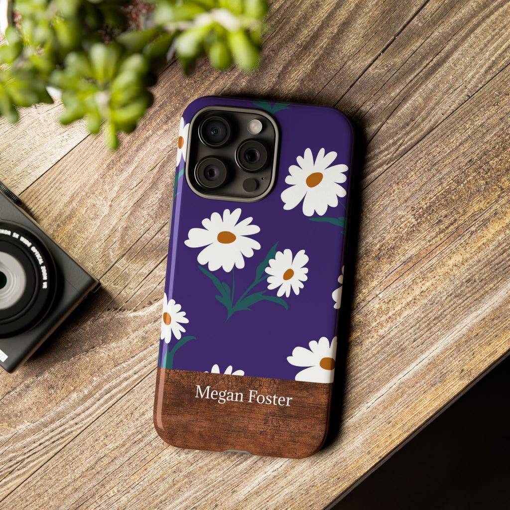 Personalized Daisy Phone Case with Name – Purple Floral Wood Accent Tough Case