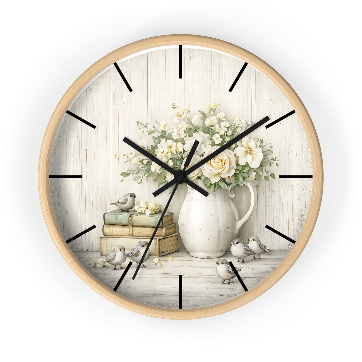 Vintage Floral Pitcher with Birds Wall Clock | Rustic Cottage Shabby Chic