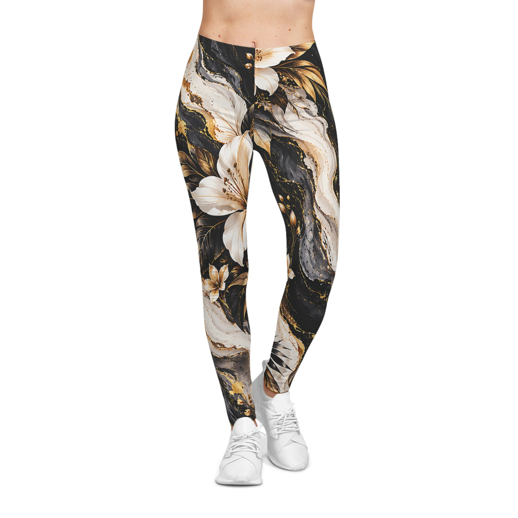 Floral Marble Leggings – Black, White & Gold Floral Design