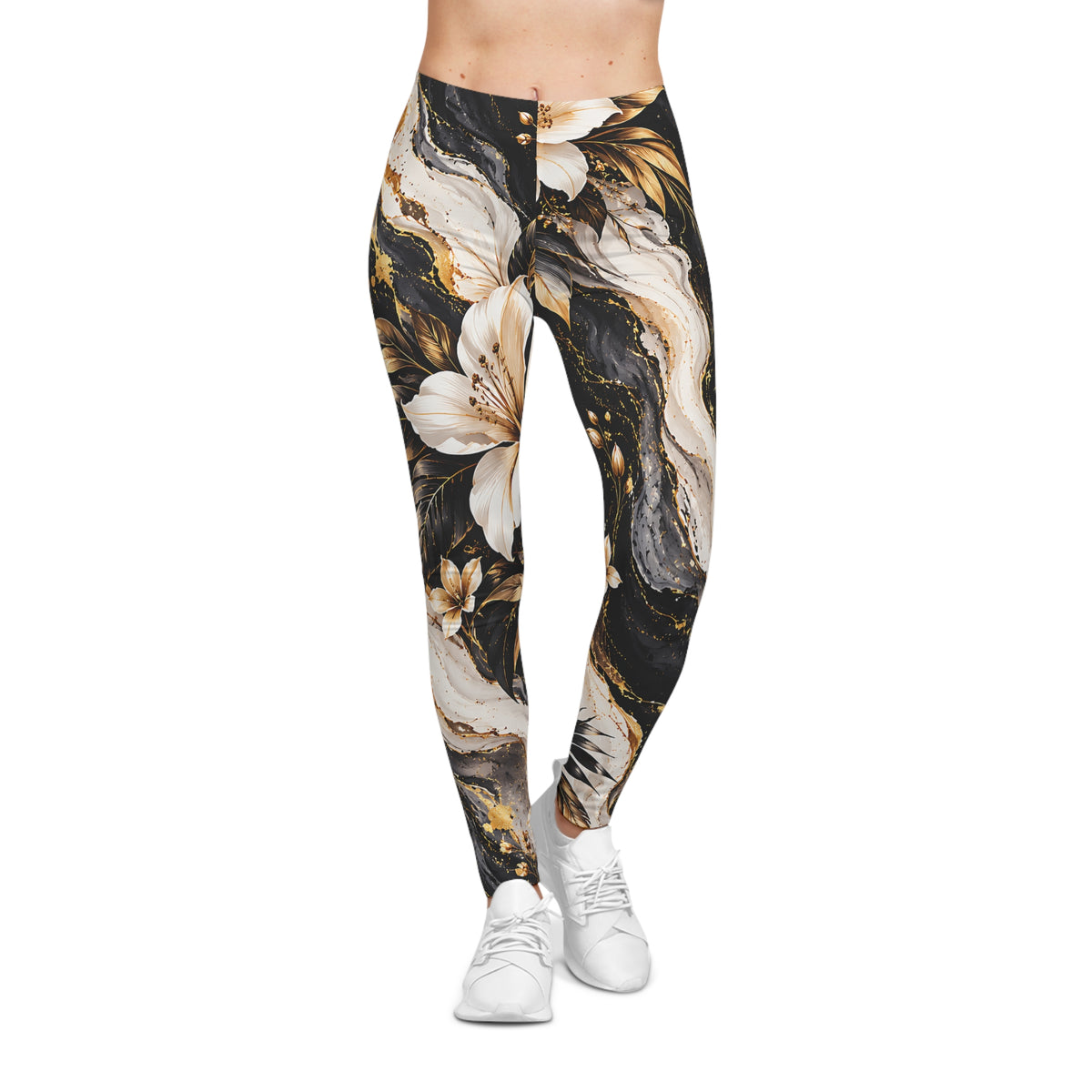 Floral Marble Leggings – Black, White & Gold Floral Design