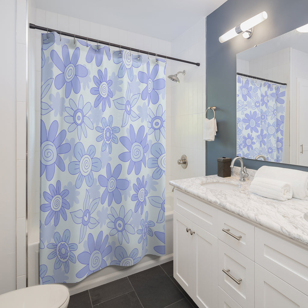 Blue Floral Shower Curtain | Retro Daisy Bathroom Decor | Soft Pastel Modern Bath Curtain