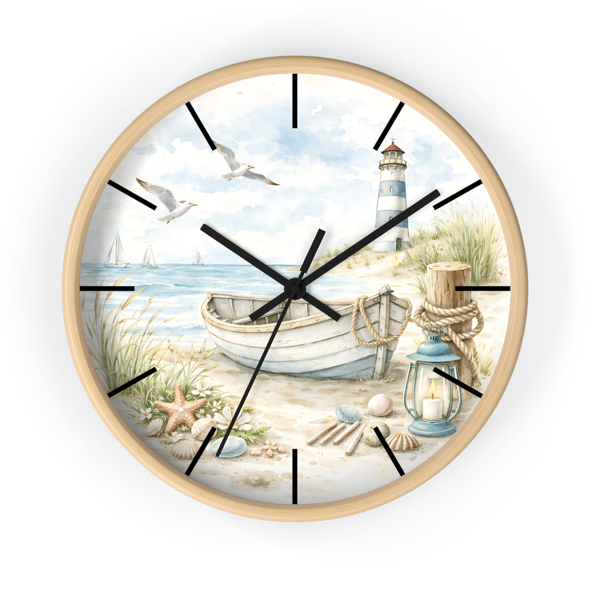 Coastal Lighthouse Beach Scene Wall Clock | Nautical Boat Seaside Decor