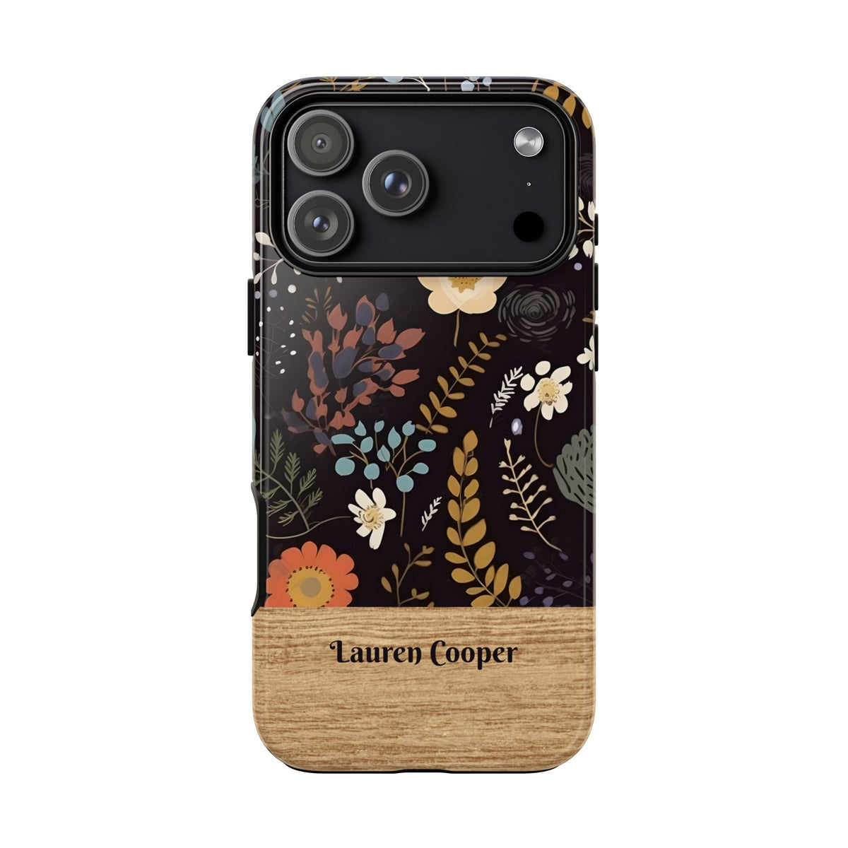 Personalized Dark Floral Phone Case with Name – Wood Accent Tough Case