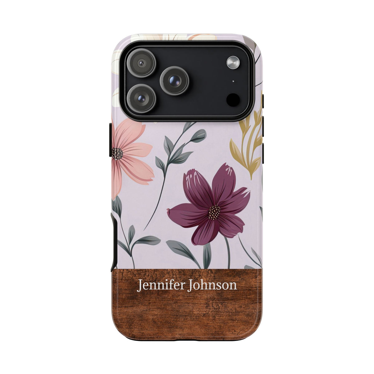 Personalized Floral Phone Case with Name – Wood Accent Tough Case
