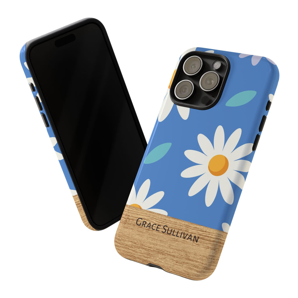 Personalized Daisy Phone Case with Name – Blue Floral Wood Accent Tough Case