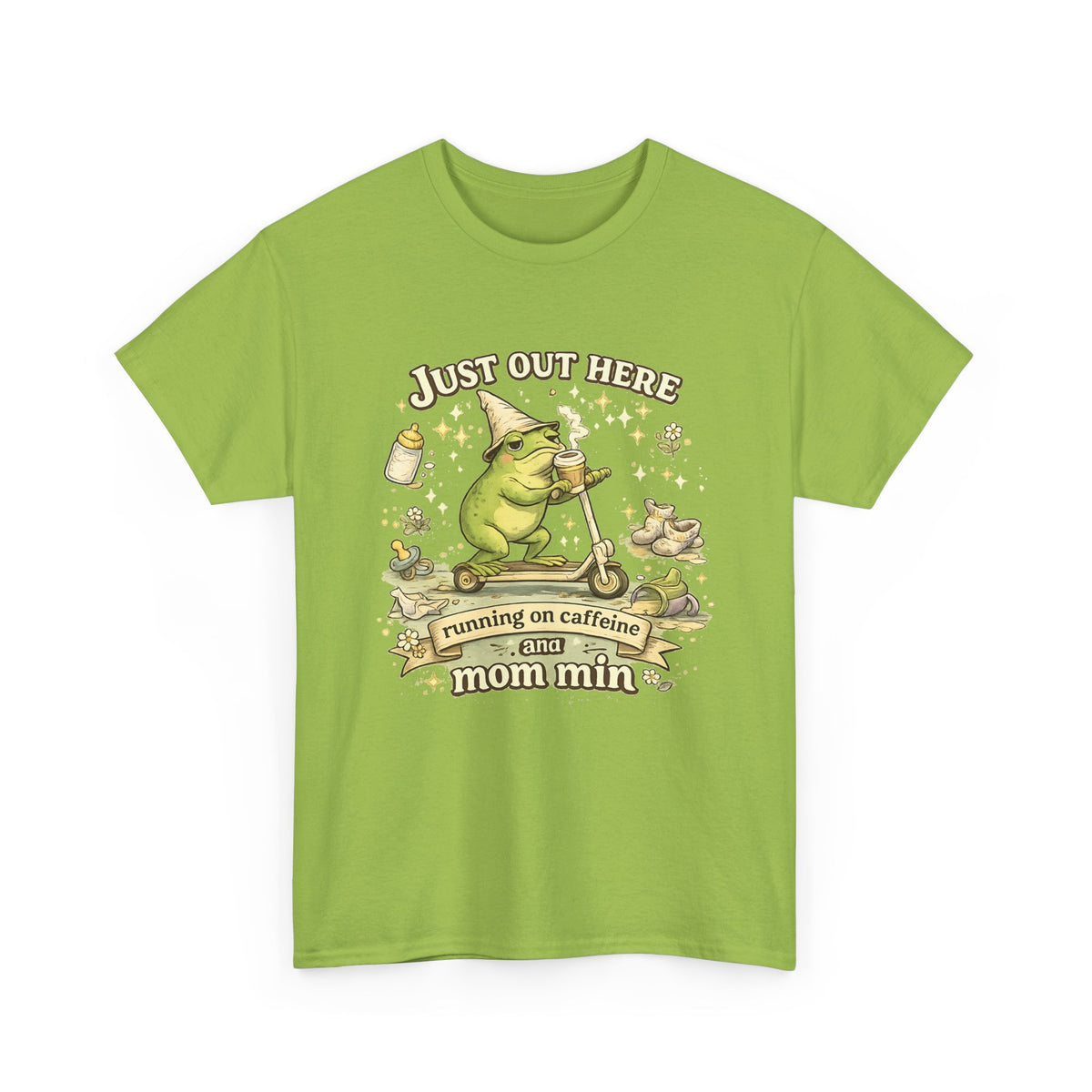 “Running on Caffeine & Mommin’” T-Shirt – Funny Mom Coffee & Frog Graphic Tee