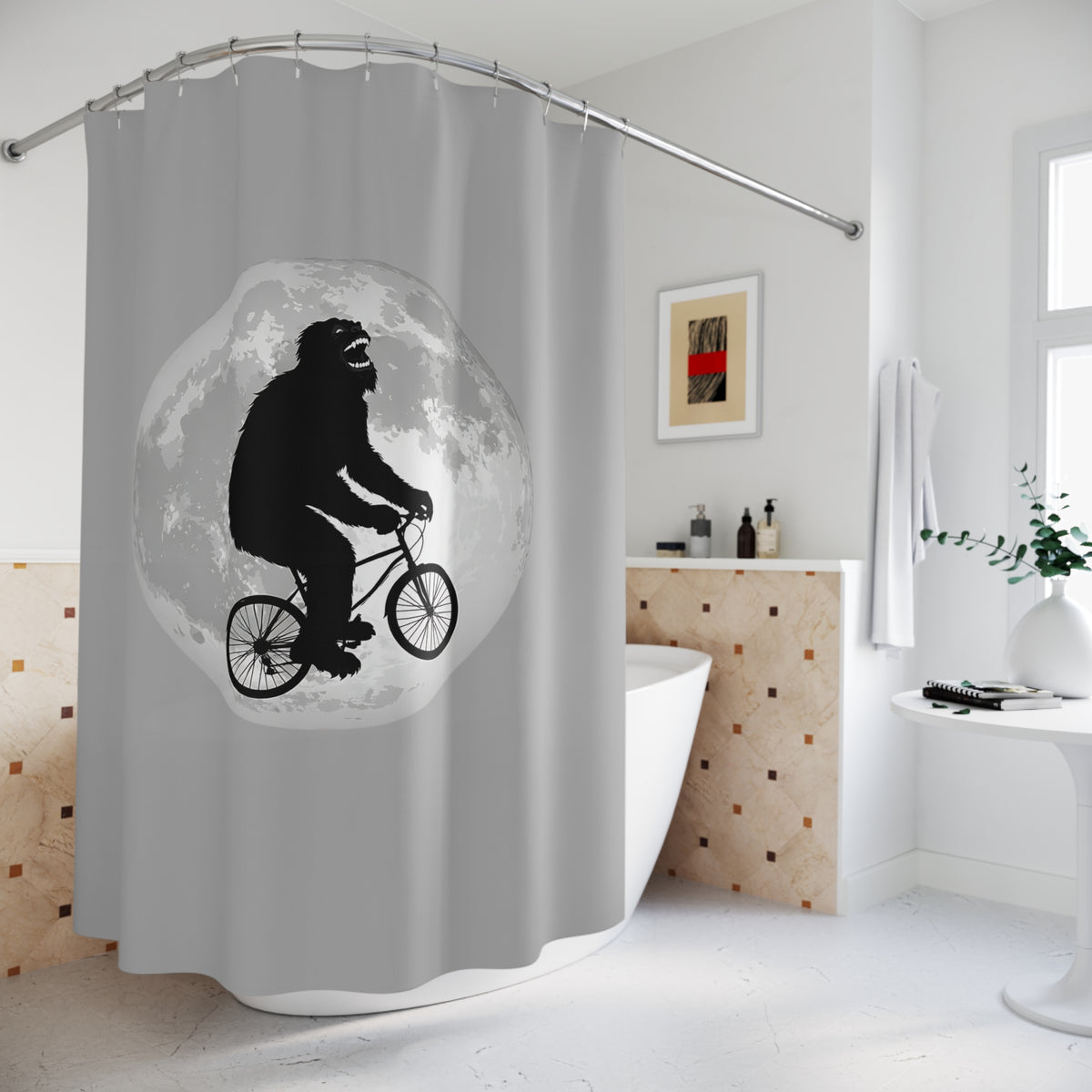 Funny Bigfoot Shower Curtain | Sasquatch Riding Bike Moon | Modern Minimal Bathroom Decor