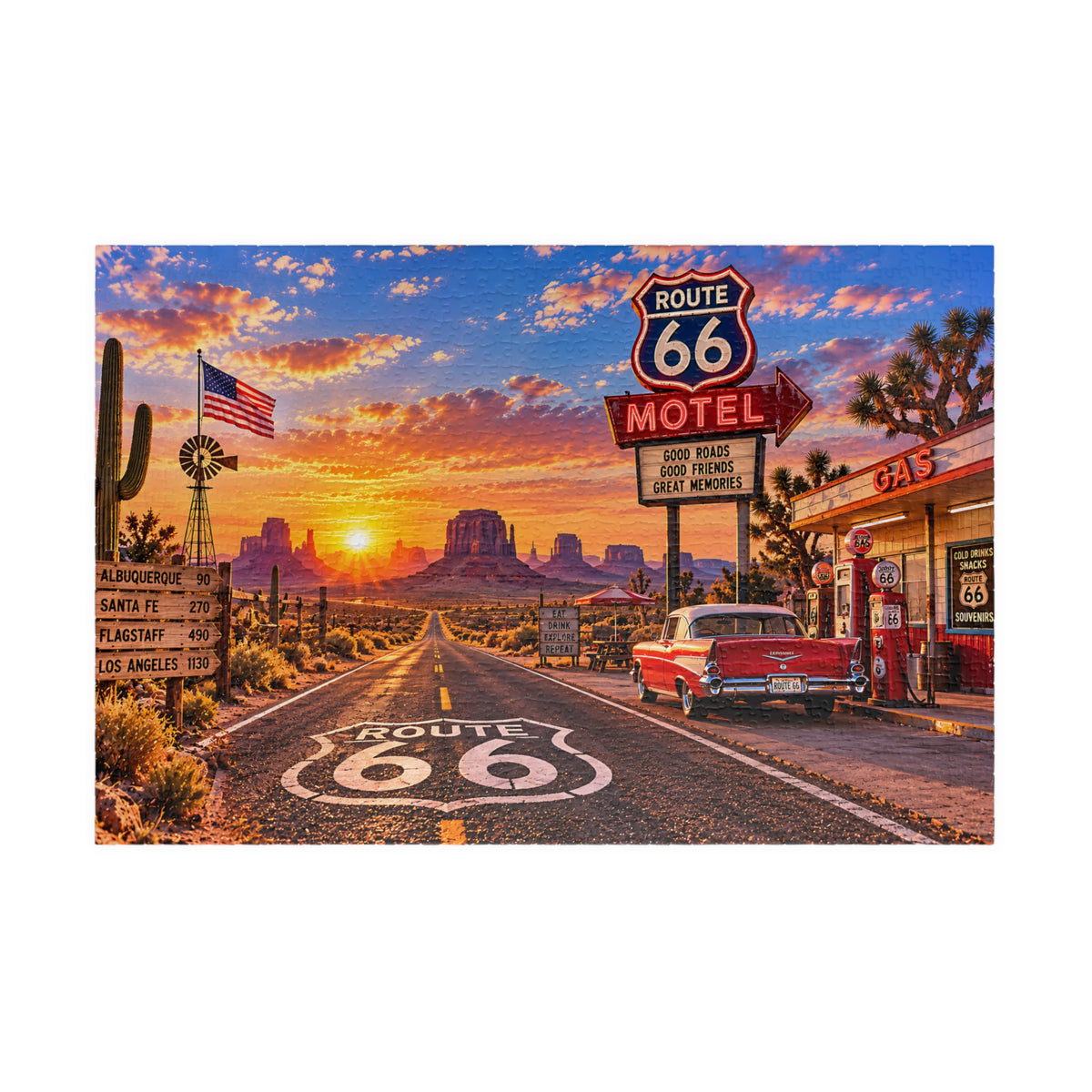 Route 66 Puzzle – Vintage American Road Trip Jigsaw Puzzle (110, 252, 520, 1014-piece)