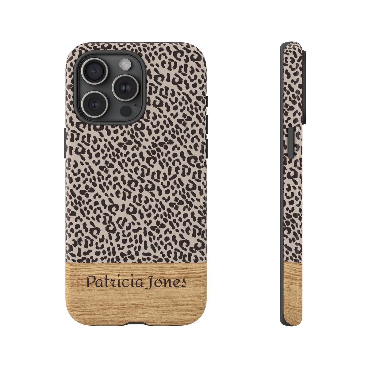 Personalized Leopard Print Phone Case with Name – Wood Accent Tough Case