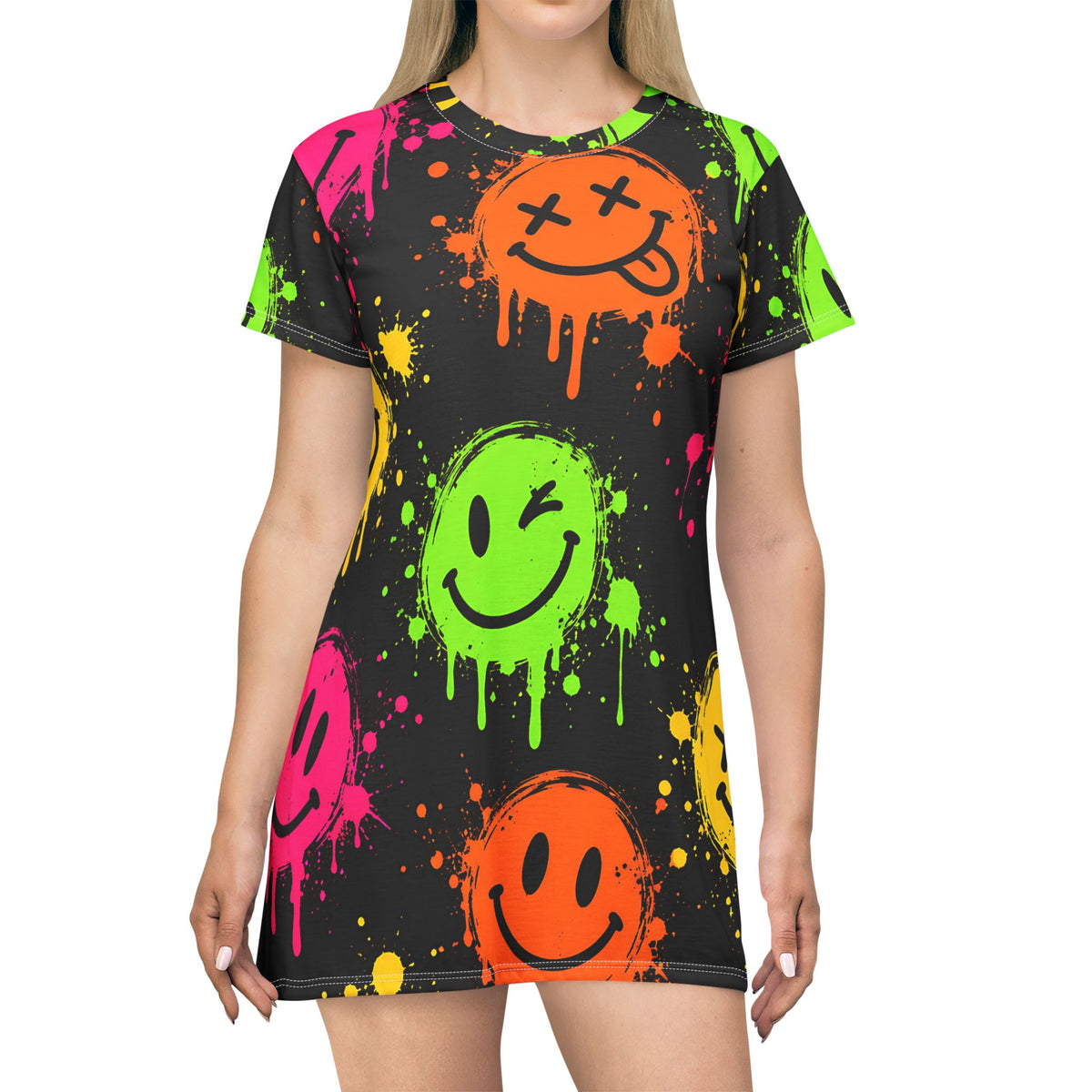 Neon Smiley T-Shirt Dress – Urban Graffiti Streetwear Print