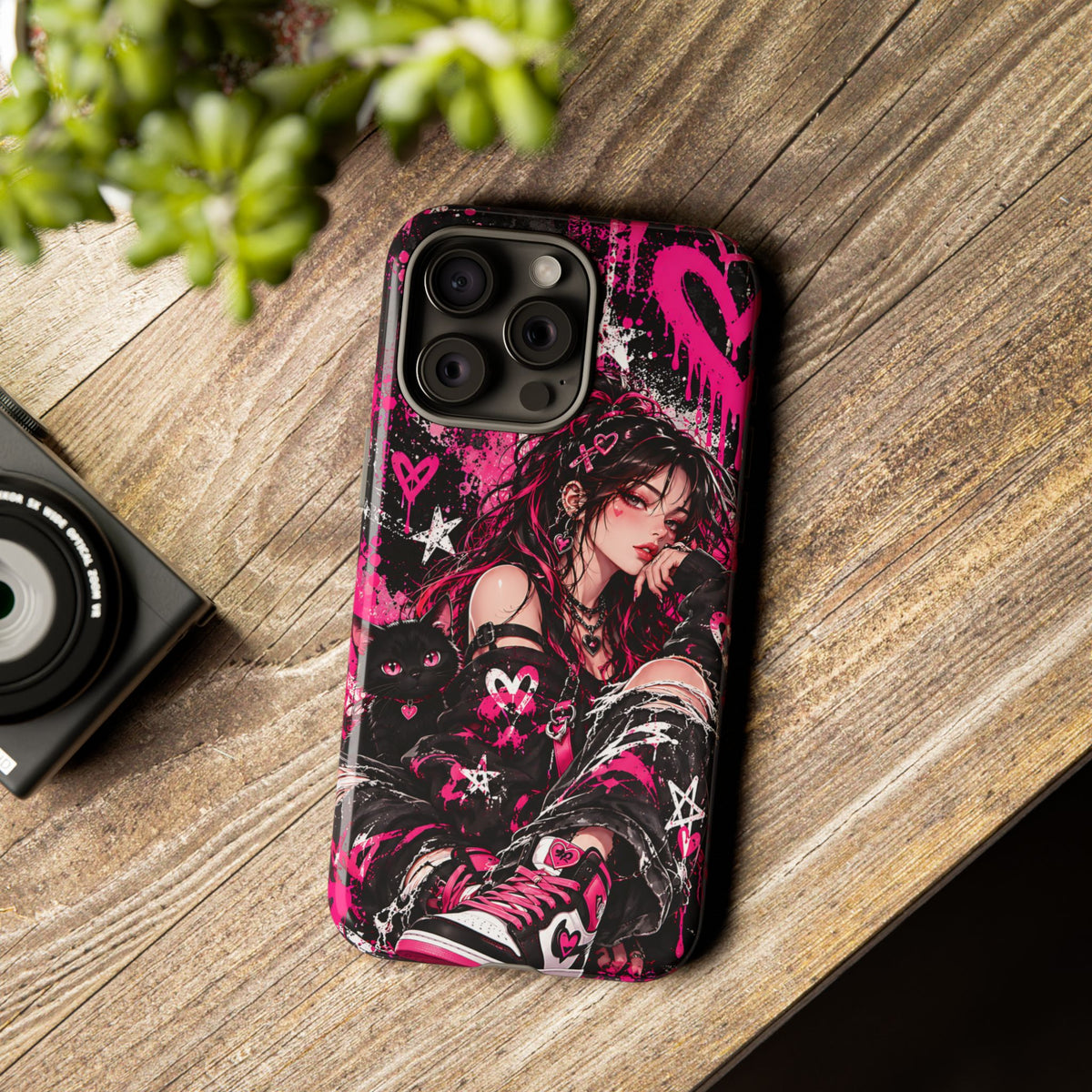Gothic Anime Girl & Black Cat Phone Case – Pink Grunge Tough Case