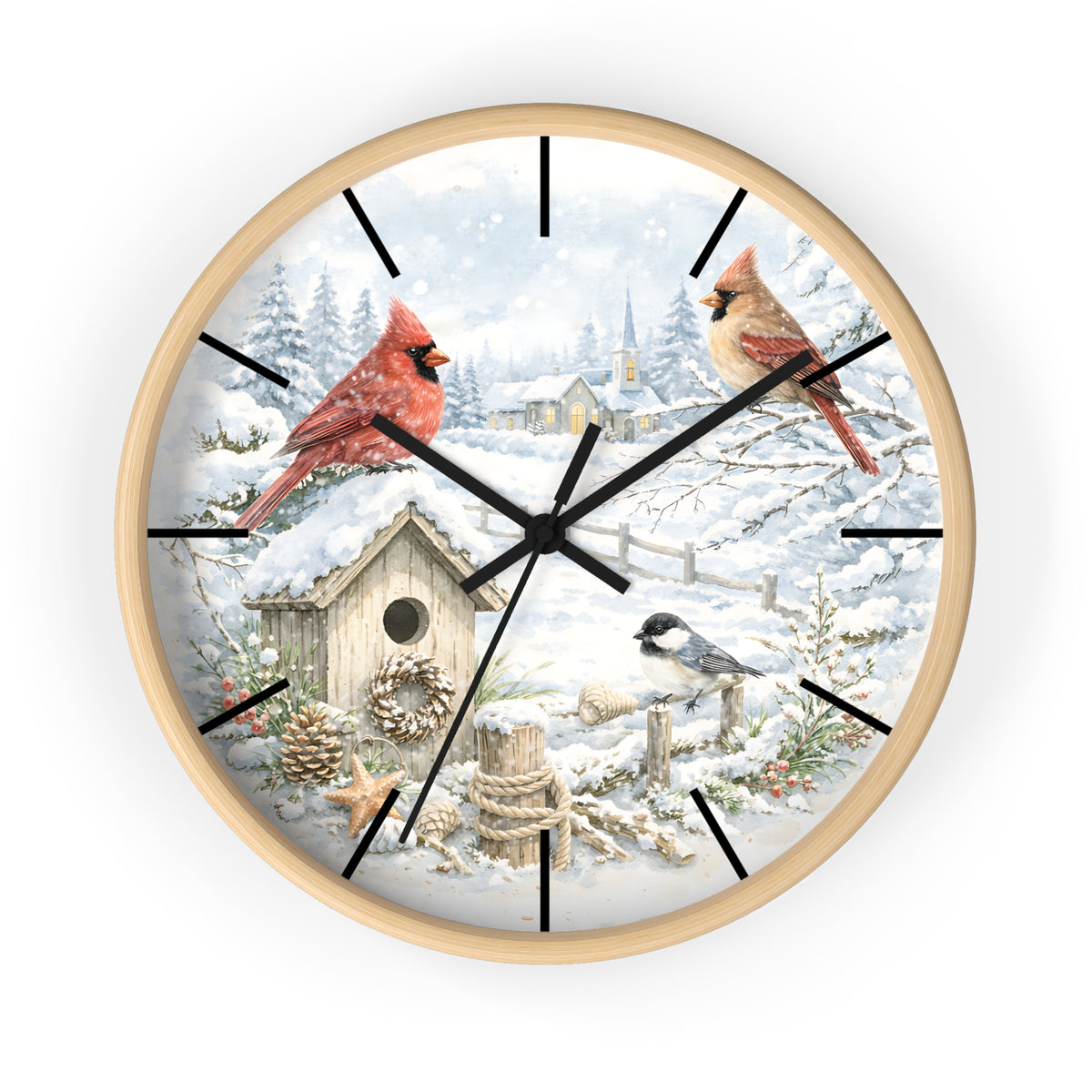 Cardinal Winter Scene Wall Clock | Snowy Birdhouse, Pinecones, Rustic Cabin