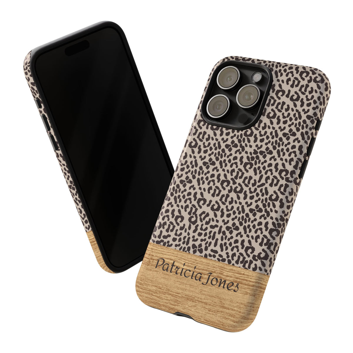 Personalized Leopard Print Phone Case with Name – Wood Accent Tough Case