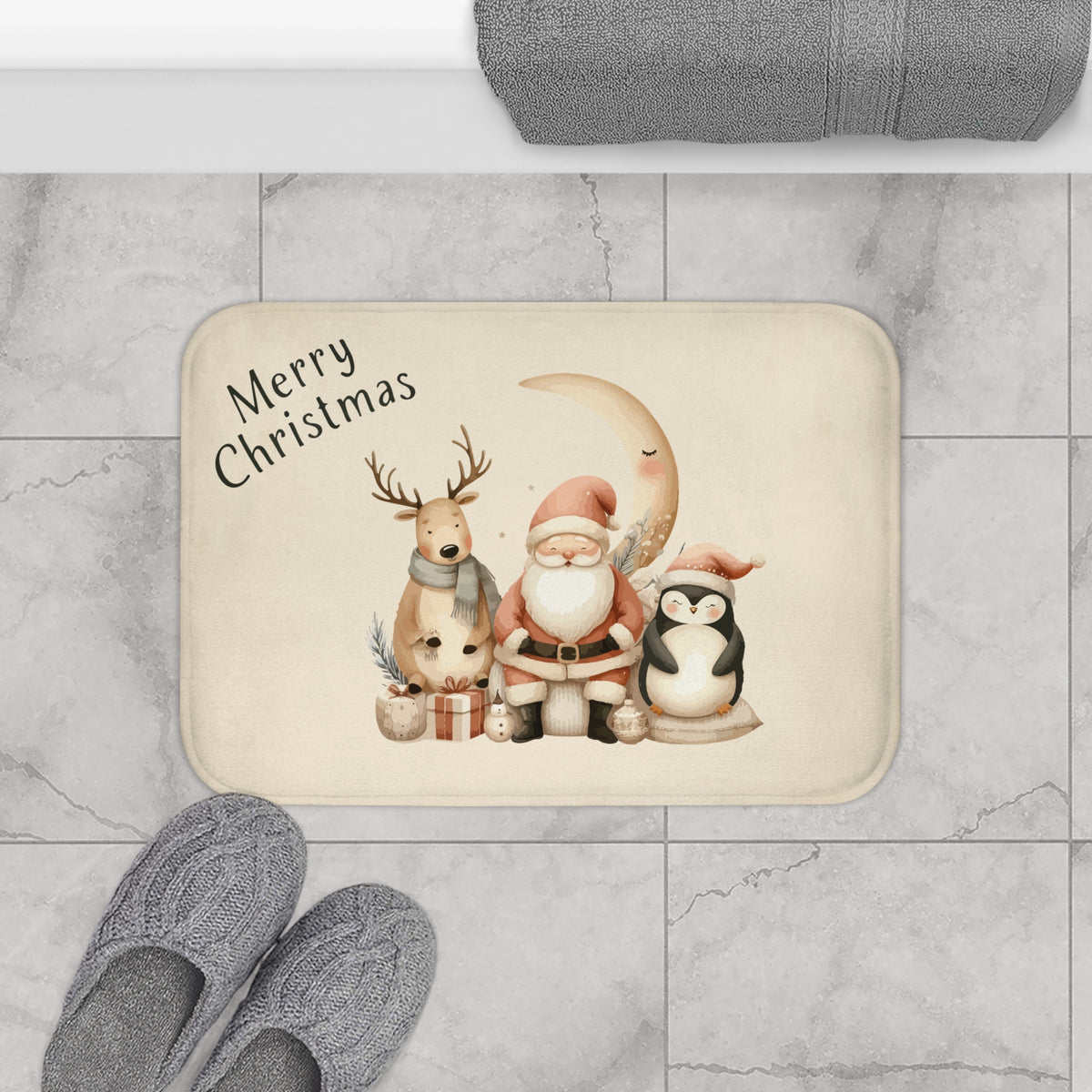 Merry Christmas Santa & Reindeer Bath Mat – Cute Holiday Bathroom Decor