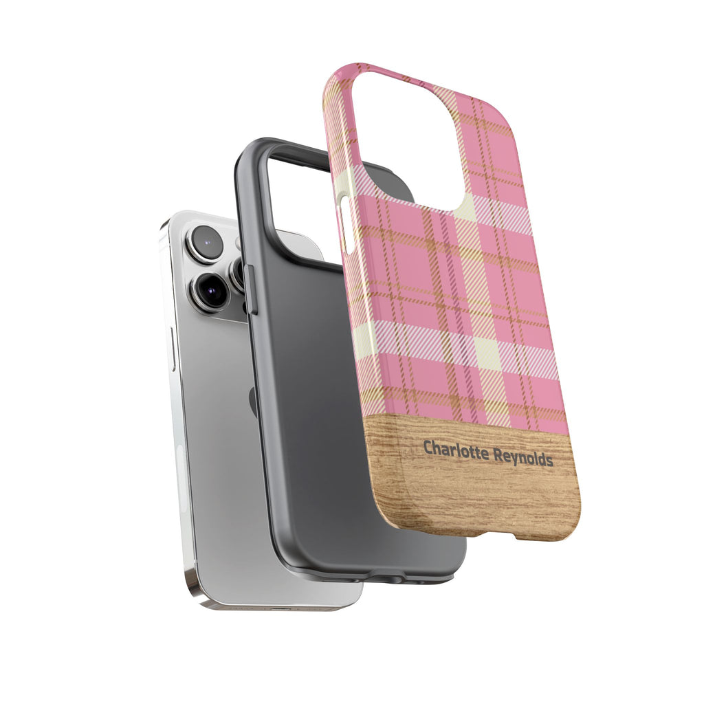 Personalized Pink Plaid Phone Case with Name – Wood Accent Tough Case