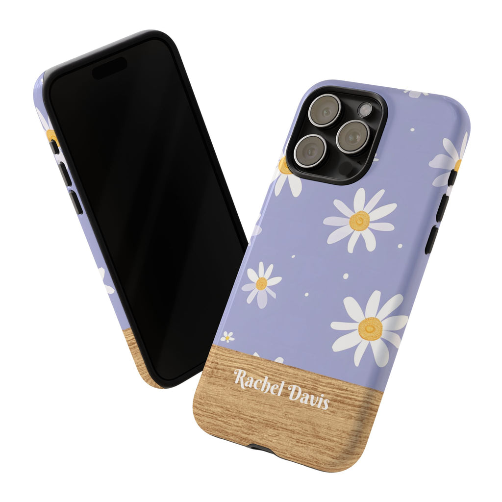 Personalized Daisy Phone Case with Name – Lavender Floral Wood Accent Tough Case