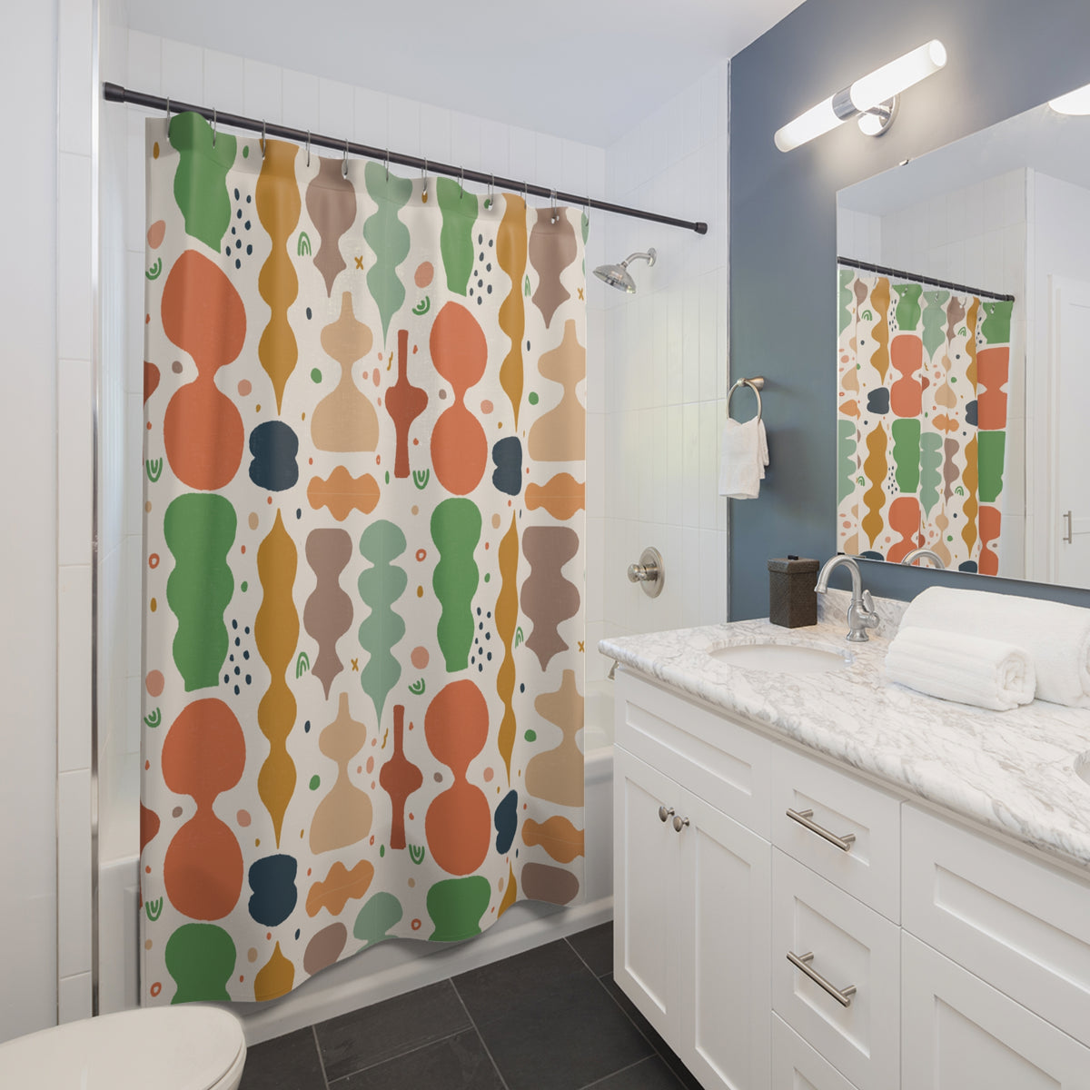 Mid Century Modern Shower Curtain | Retro Abstract Bathroom Decor | Earth Tone Geometric Bath Curtain