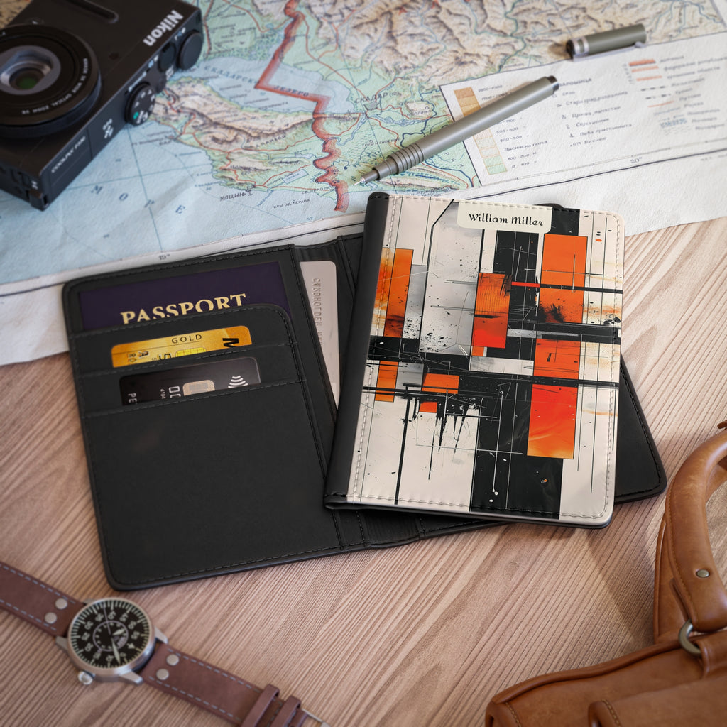 Abstract Orange Geometric Passport Cover — Personalized Name Travel Wallet